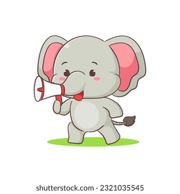 Cute elephant cartoon character holding megaphone. Adorable animal concept flat design. Isolated white background. Vector art illustration.