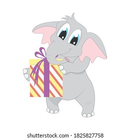 cute elephant cartoon with gift, simple vector illustration