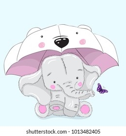 Cute elephant cartoon hand drawn vector illustration. Can be used for print t shirts baby, design print fashion socks kids, congratulations celebrations baby shower cards and invitations.