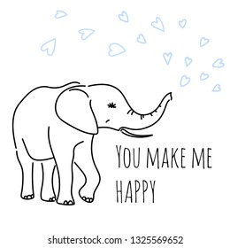 Cute elephant cartoon hand drawn vector illustration. The cheerful elephant. You make me happy. Cool, lazy african mammal scandinavian sketch drawing. Isolated cartoon character. Greeting card design