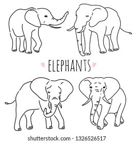 Cute elephant cartoon hand drawn vector illustration.  Elephant set.  Can be used for t-shirt print, kids wear fashion design, baby shower invitation card.