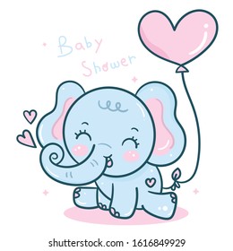 Cute elephant cartoon with heart balloon for valentines day Kawaii animal wildlife, baby shower. Romantic hand drawing for café, card, Print t shirt, fabric design happy emotion.