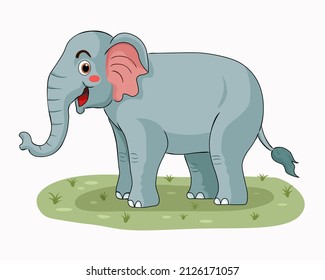 cute elephant cartoon image smiling in the middle of the meadow , vector illustration for children