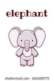 Cute elephant cartoon kawaii flat hand drawn print isolated on white background