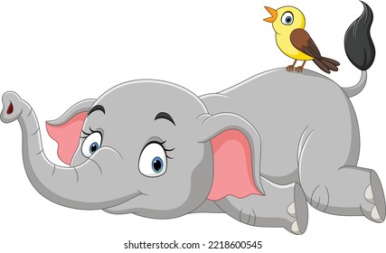 Cute elephant cartoon lying down with bird