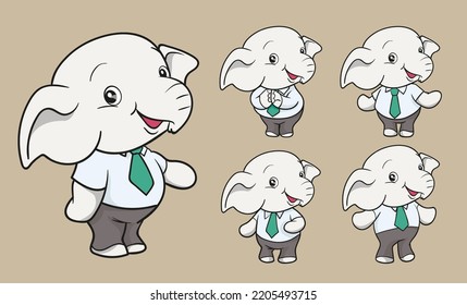 cute elephant cartoon mascot character smile in official business suit with different gestures