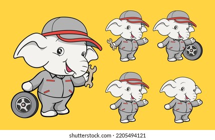 cute elephant cartoon mascot character worker uniform Car mechanic with wheel and screw wrench different gestures