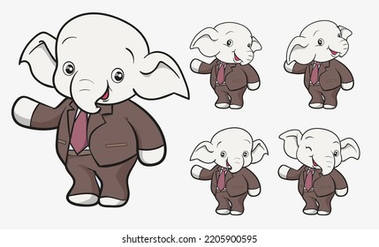 cute elephant cartoon mascot character smile in official business suit with different gestures