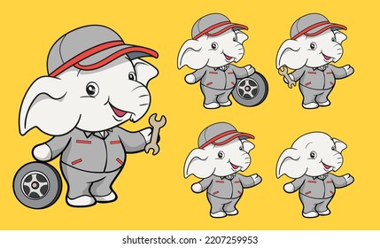 cute elephant cartoon mascot character worker uniform Car mechanic with wheel and screw wrench different gestures