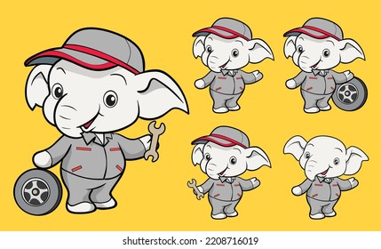 cute elephant cartoon mascot character worker uniform Car mechanic with wheel and screw wrench different gestures