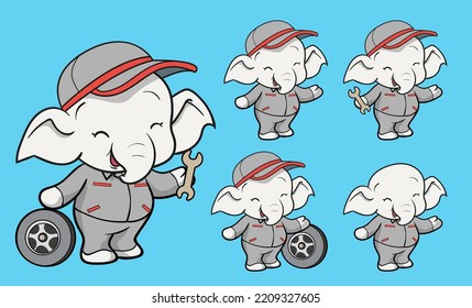 cute elephant cartoon mascot character worker uniform Car mechanic with wheel and screw wrench different gestures