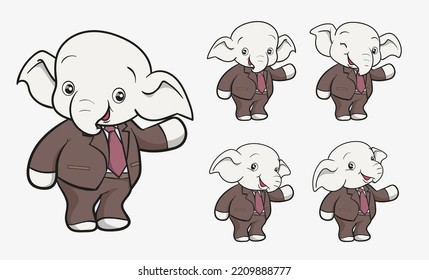 cute elephant cartoon mascot character smile in official business suit with different gestures