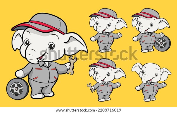 cute elephant\
cartoon mascot character worker uniform Car mechanic with wheel and\
screw wrench different\
gestures