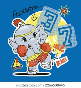 Huelga de rodilla de mascota de elefante lindo, Muay thai, boxeo tailandés aislado en vector de ilustración de fondo azul, lema de tipografía para impresión de camisetas.