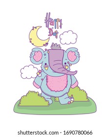 Cute elephant cartoon with moon clouds and shrubs design, Animal zoo life nature character childhood and adorable theme Vector illustration