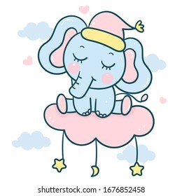 Cute elephant cartoon on cloud Kawaii animal vector for sweet dream baby shower boy, doodles. Perfect for kids greeting card design and Print for t-shirt. Romantic hand drawing or decoration child.