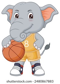 Cute Elephant Cartoon Playing Basketball. Animal Nature Icon Concept Isolated Premium Vector. Vector Illustration