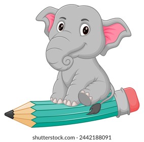 Lindo elefante de dibujos animados montando un lápiz volador ilustración vectorial. Concepto de icono de educación animal