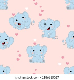 Cute elephant cartoon seamless pattern. Animal wildlife and little hearts background vector.