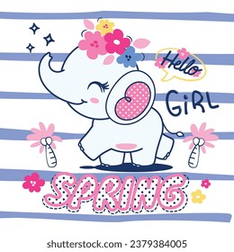 Cute elephant cartoon in spring day on blue striped background illustration vector, Design for kids print.