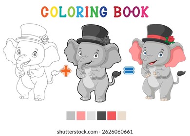 Desenho animado elefante bonito de pé usando chapéu em estilo de livro de coloração