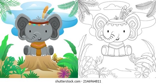 Caricatura de elefante lindo con traje étnico tribal sentado sobre un trozo de árbol en el bosque