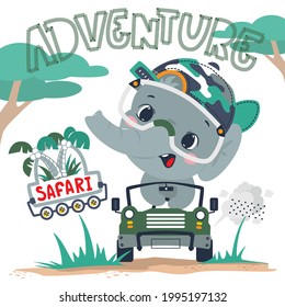 Cute Elephant Cartoon Wearing Camo Hat Driving A Green Car On Safari Tour Isolated On White Background Illustration Vector.