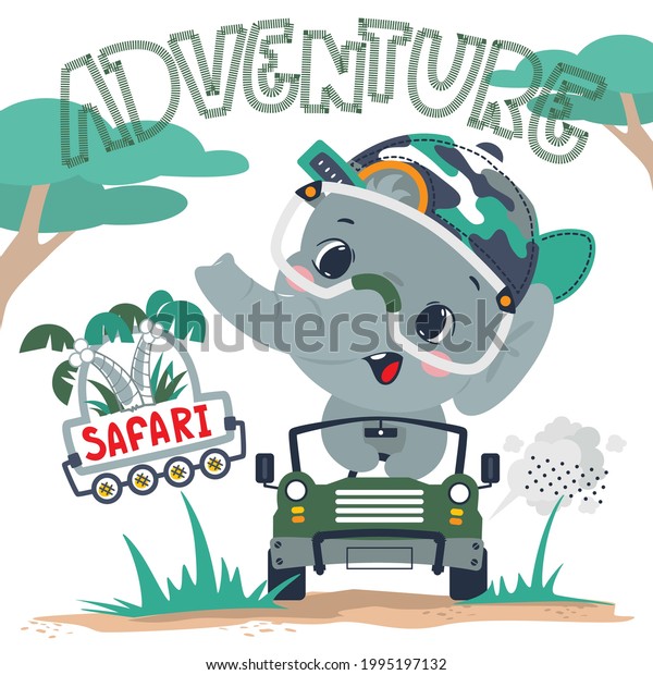 Cute elephant cartoon wearing camo hat driving a\
green car on safari tour isolated on white background illustration\
vector.