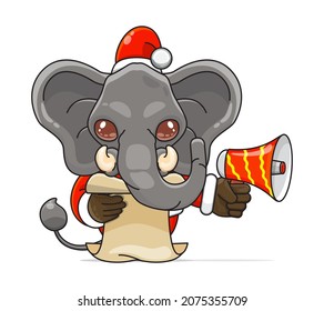 cute elephant cartoon, wearing santa costume holding megaphone and reading script, cute animal character wearing christmas costume, front view. kawaii and simple style, suitable for christmas content
