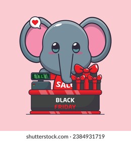 cute elephant with cashier table in black friday sale cartoon vector illustration