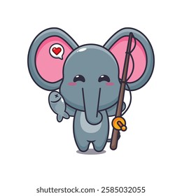 Cute elephant catching fish with fishing rod cartoon vector illustration. vector cartoon illustration suitable for poster, brochure, web, mascot, sticker, logo and icon.