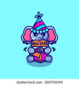 cute elephant celebrates new year with joke surprise box, suitable for cute animal new year t-shirts or mascot designs