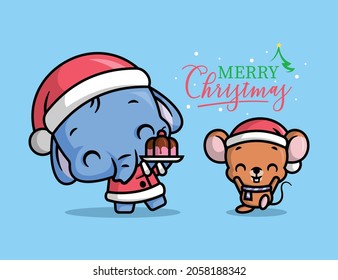 A CUTE ELEPHANT IS CELEBRATING CHRISTMAS EVE WITH A LITTLE MOUSE BY EATING PUDDING.