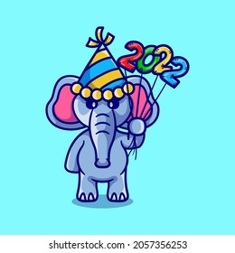 cute elephant celebrating new year with 2022 balloons, suitable for t-shirt design or cute animal new year mascot