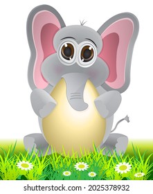 cute elephant characetr sitting on the grass holding big egg