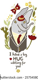 Cute elephant character banner. I have a big hug for you quote. Cheerful baby or love card.