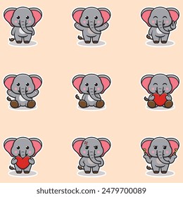 Cute Elephant character different poses illustration. Cartoon character design. Flat Cartoon Style. Cute Animal Set.