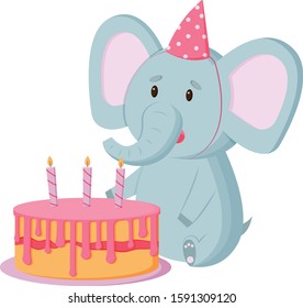 Cute elephant character in a festive cap with a cake. Birthday, children's party. Cartoon character. Print for t-shirt, template for cards, invitations. Isolated on white background.