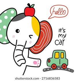 Personaje lindo del elefante que juega con el coche Pequeño en la ilustración de fondo verde. Concepto de los niños
