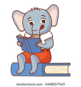 Cute elephant character reads books.Cartoon elephant is sitting on a book.Reading books.Cute elephant animal student reading while sitting on big books library.Line art vector.Isolated on white backgr