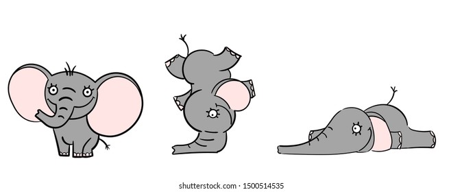 Cute Elephant Character Set Featuring Adorable Baby Animals in Different Poses Like Standing, Upside Down, and Lying Down. Funny Grey Elephant Cartoon Illustrations for Kids Nursery and Stickers.