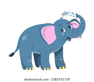 Cute elephant character sticker. Animal with large ears and trunk. Fauna and wild life. Mammal wash itself. Template and layout. Cartoon flat vector illustration isolated on white background