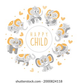 Cute Elephant Character with Trunk and Tusks Arranged in Circle Vector Template