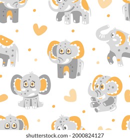 Cute Elephant Character with Trunk and Tusks on Vector Seamless Pattern