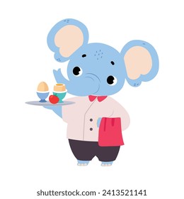 Cute Elephant Chef Character in Toque Serve Eggs on Tray Vector Illustration