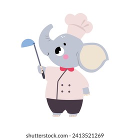 Cute Elephant Chef Character in Toque Hold Ladle Vector Illustration