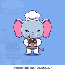 Cute elephant chef holding cardboard box full food