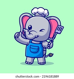 Cute Elephant Chef Holding Spatula Cartoon Vector Icon Illustration. Animal Food Icon Concept Isolated Premium Vector. Flat Cartoon Style