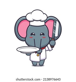 cute elephant chef mascot cartoon character with knife and plate