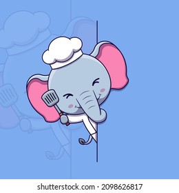 Cute elephant chef peeking out behind blank sign